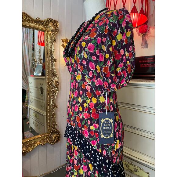 vintage style silk floral maxi dress backless puff sleeves med polka dot trim - Picture 6 of 11